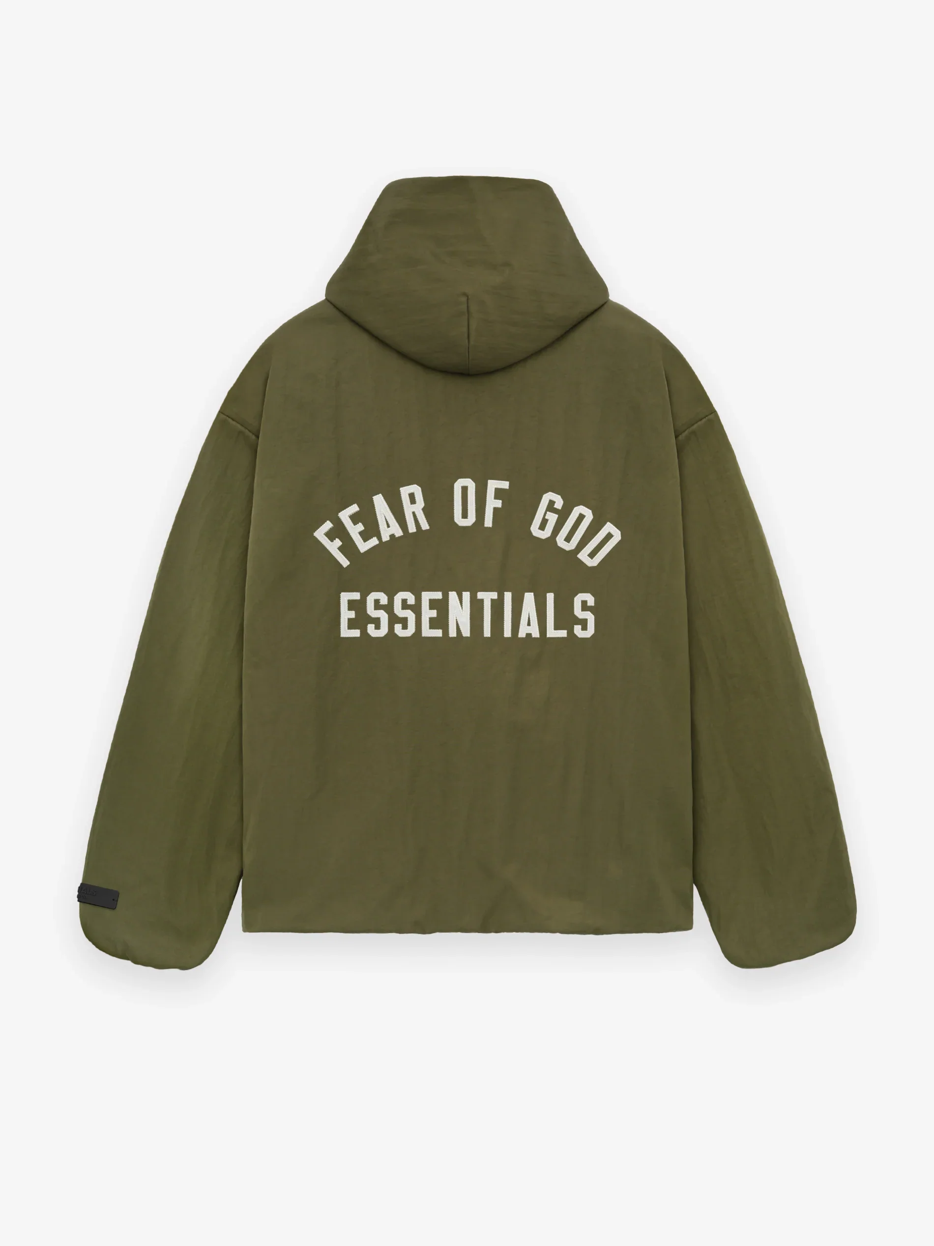 Fear of God Essentials Textured Nylon Hooded Coaches Jacket in Military - Image 2